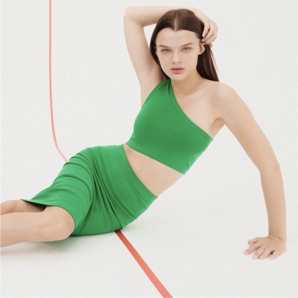 Zara Green One-Shoulder Midi Pencil skirt and top